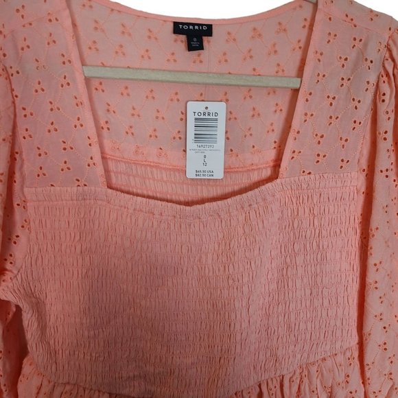 Torrid Womens 0X Peach 3/4 Sleeves Voile Eyelet Smocked Babydoll Blouse Top NWT - Picture 3 of 11